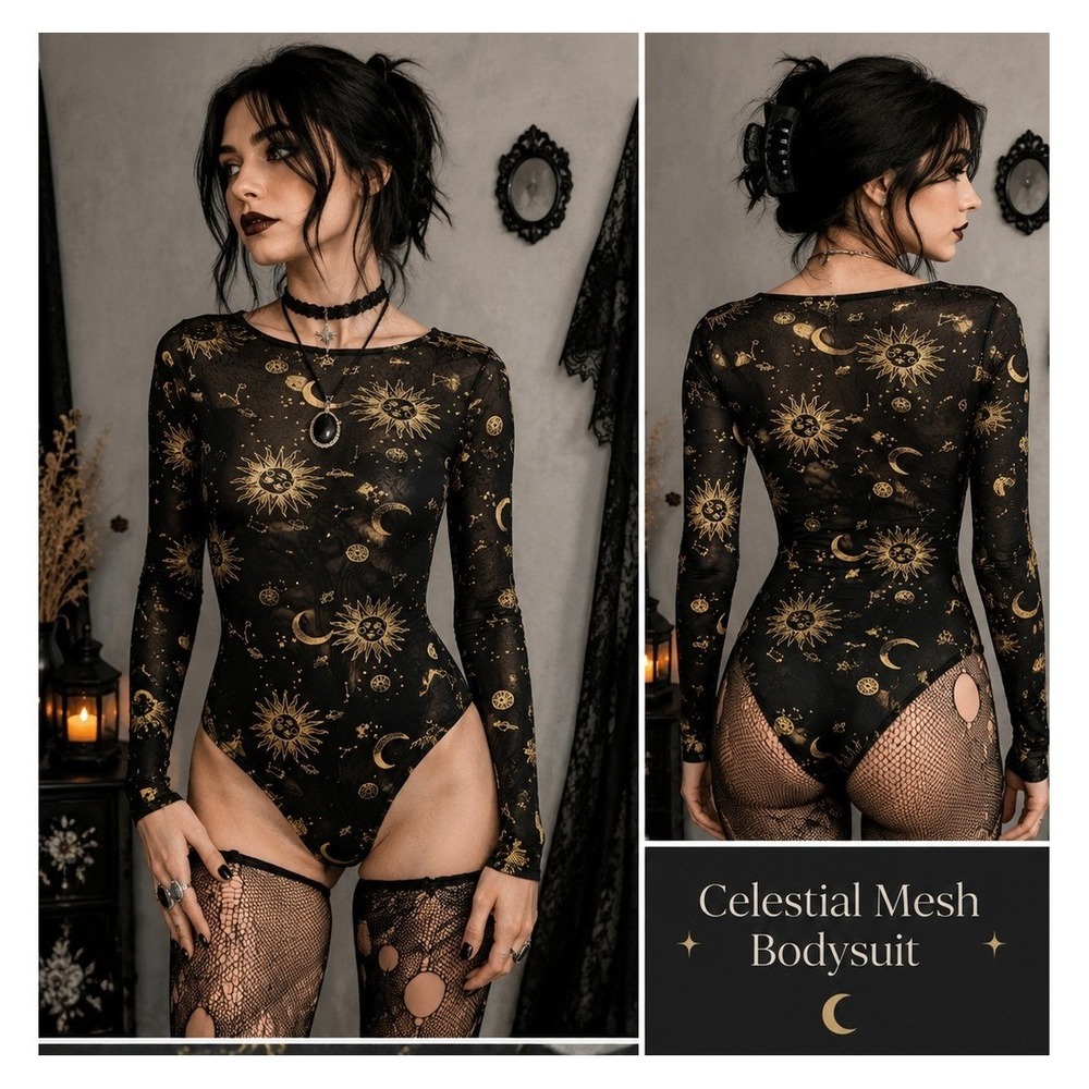Whimsigoth Witchy Black Gold Celestial SunMoonStars LongSleeve XS Mesh Bodysuit